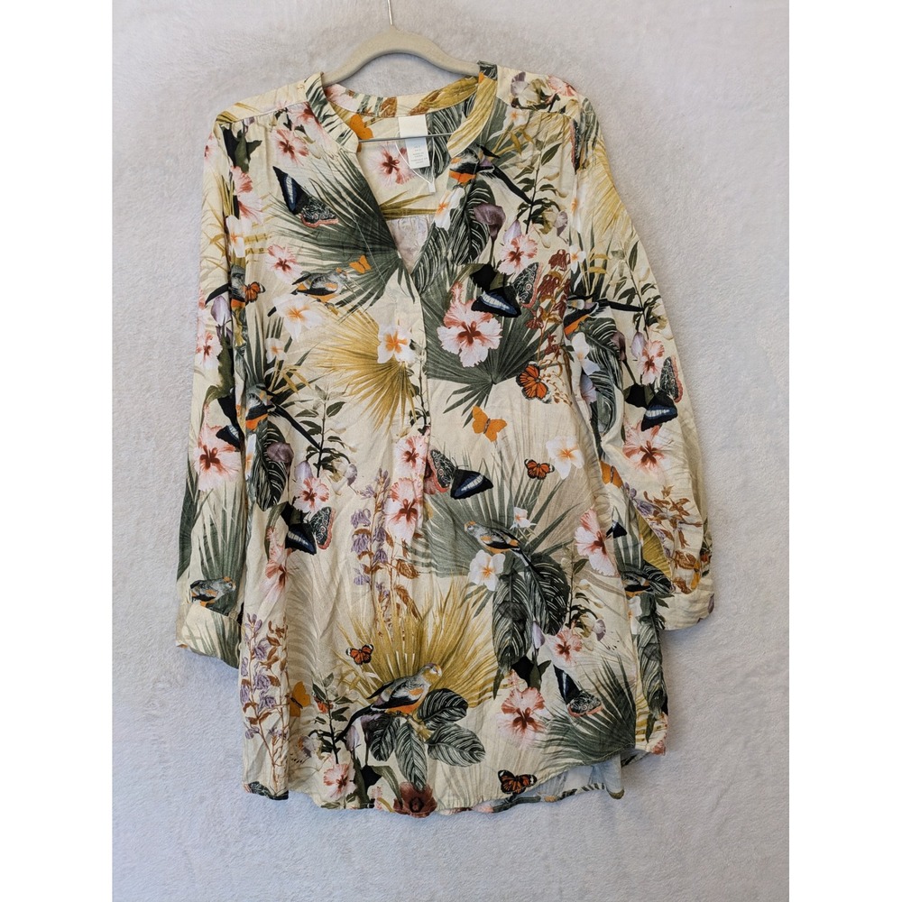 H&M Tunic Women's 2 Cream Tropical Butterfly Floral V-Neck Long Sleeve Boho
